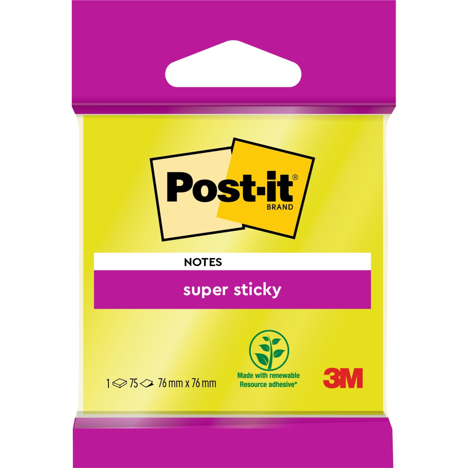 Eine Packung Post-it® Super Sticky Notes 6820S3 von 3M Deutschland GmbH, 76x76 mm in neongrün, neonpink, ultragelb, ultragrün und ultrapink; 1 Block mit 75 Blatt; aus 100% PEFC-zertifiziertem Papier.