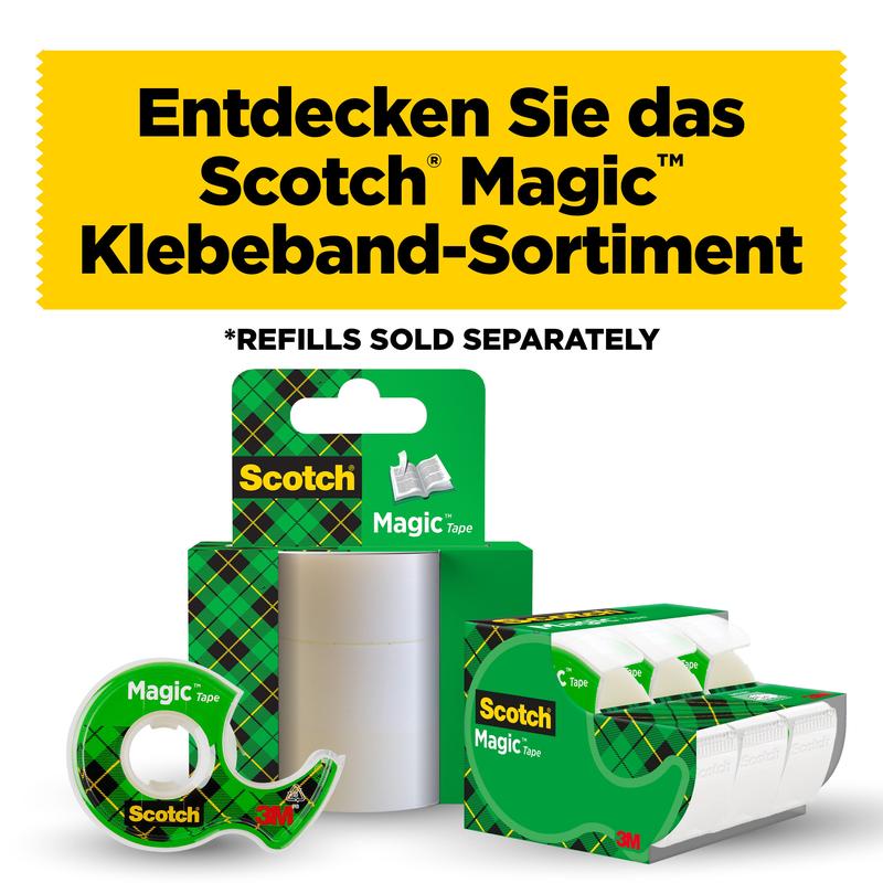 Een display met Scotch® Magic™ Onzichtbare Plakband van 3M Deutschland GmbH (2 rollen, 19 mm x 7,5 m) plus 1 gratis handdispenser. De Duitse kop bovenaan promoot het kantoor plakbandassortiment op witte achtergrond met dikke gele tekst.