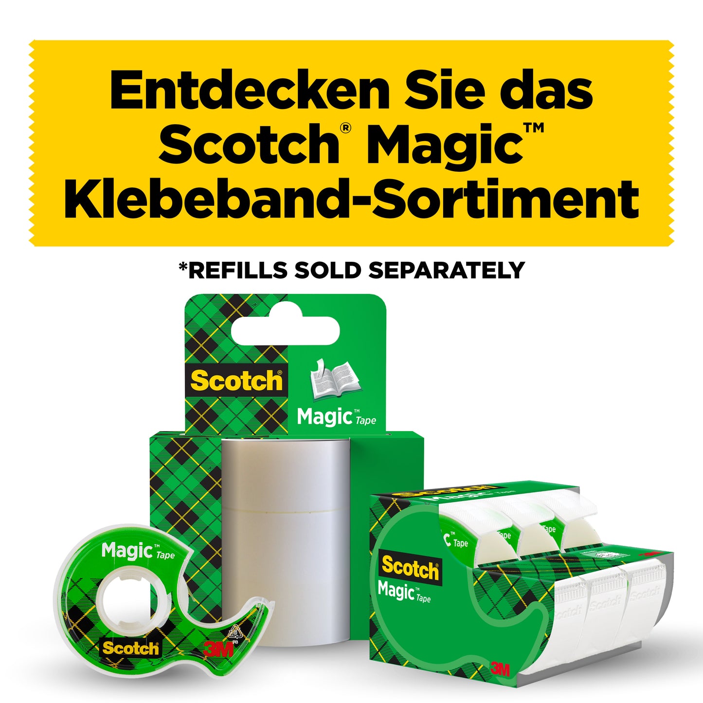 Eine deutsche Anzeige der 3M Deutschland GmbH zeigt Scotch® Magic™ Unsichtbares Klebeband, Nachfüllpackung 2 Rollen (19 mm x 7,5 m). Der Text lautet: "Entdecken Sie das Scotch Magic Klebeband-Sortiment", mit dem Hinweis auf verfügbare Nachfüllpackungen.