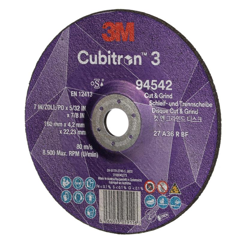 3M™ Cubitron™ 3 Cut and Grind slijpschijf, 94542, 36+, T27, 180 mm x 4,2 mm x 22,23 mm, EN, 10/pak, 20 stuks/VE | Pak (10 stuks)