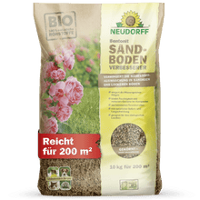 Een 10-kg-zak Neudorff Shop Bentoniet ZandbodemVerbeteraar is voldoende voor 200 m², is ideaal voor zandige bodems en heeft een verpakking met roze bloemen en een close-up van de mineraalrijke inhoud.