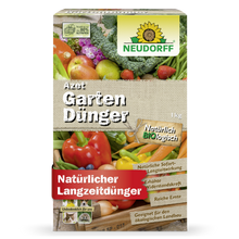 Der Azet GartenDünger von Neudorff Shop, ein organischer Volldünger mit Gemüsemotiven, ist eine 1 kg schwere, rechteckige Schachtel, die natürliche, organische Inhaltsstoffe und eine lang anhaltende Wirkung hervorhebt - ideal zum Pflanzen düngen.