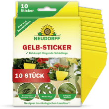 Een verpakking Neudorff Shop Geel-Stickers bevat 10 gele kleefvallen voor kamerplanten, die aan de voorkant als effectief tegen rouwmuggen in potplanten worden vermeld, met Duitse gebruiksaanwijzing.