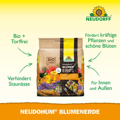 Een zak NeudoHum BlumenErde van Neudorff Shop staat op een gele achtergrond. De tekst benadrukt: "Bio & turfvrij", "Voorkomt wateroverlast", "Bevordert sterke planten & mooie bloemen" en "Voor binnen & buiten".