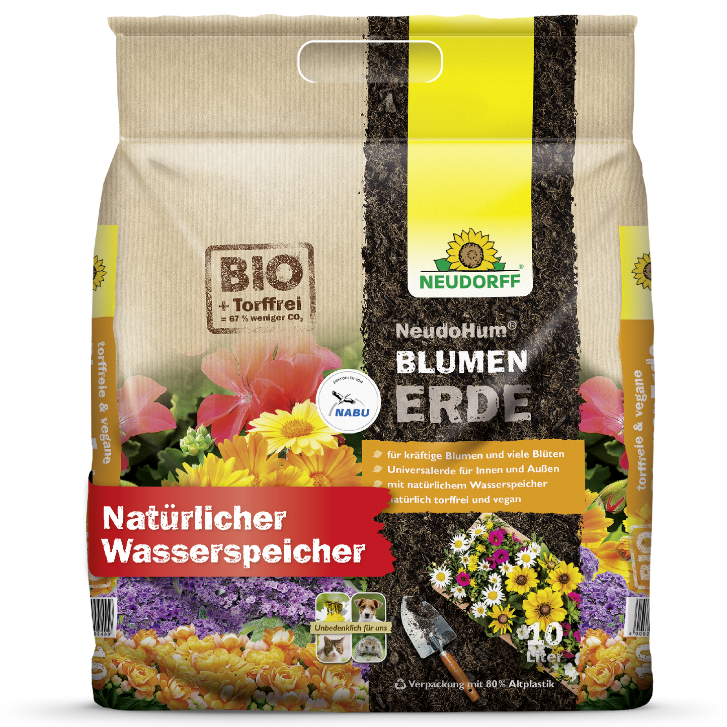Een 40-liter zak NeudoHum BlumenErde van Neudorff Shop voor tuinplanten, benadrukt als turfvrije, veganistische, milieuvriendelijke potgrond met natuurlijke wateropslag, kleurrijke bloemen op de verpakking en eco-labels.