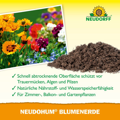 Een foto van kleurrijke bloemen, een hoop NeudoHum BlumenErde en een tekst over de voordelen voor kamer-, balkon- en tuinplanten op een geel-groene achtergrond met het logo van de Neudorff Shop.