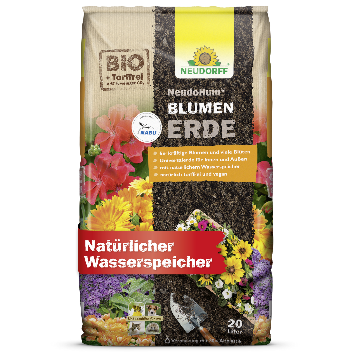 De 20L NeudoHum BlumenErde van Neudorff Shop is voorzien van kleurrijke bloemen op de verpakking en biedt biologische, turfvrije potgrond met natuurlijke waterretentie - perfect voor tuinplanten.