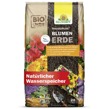 De 20L NeudoHum BlumenErde van Neudorff Shop is voorzien van kleurrijke bloemen op de verpakking en biedt biologische, turfvrije potgrond met natuurlijke waterretentie - perfect voor tuinplanten.