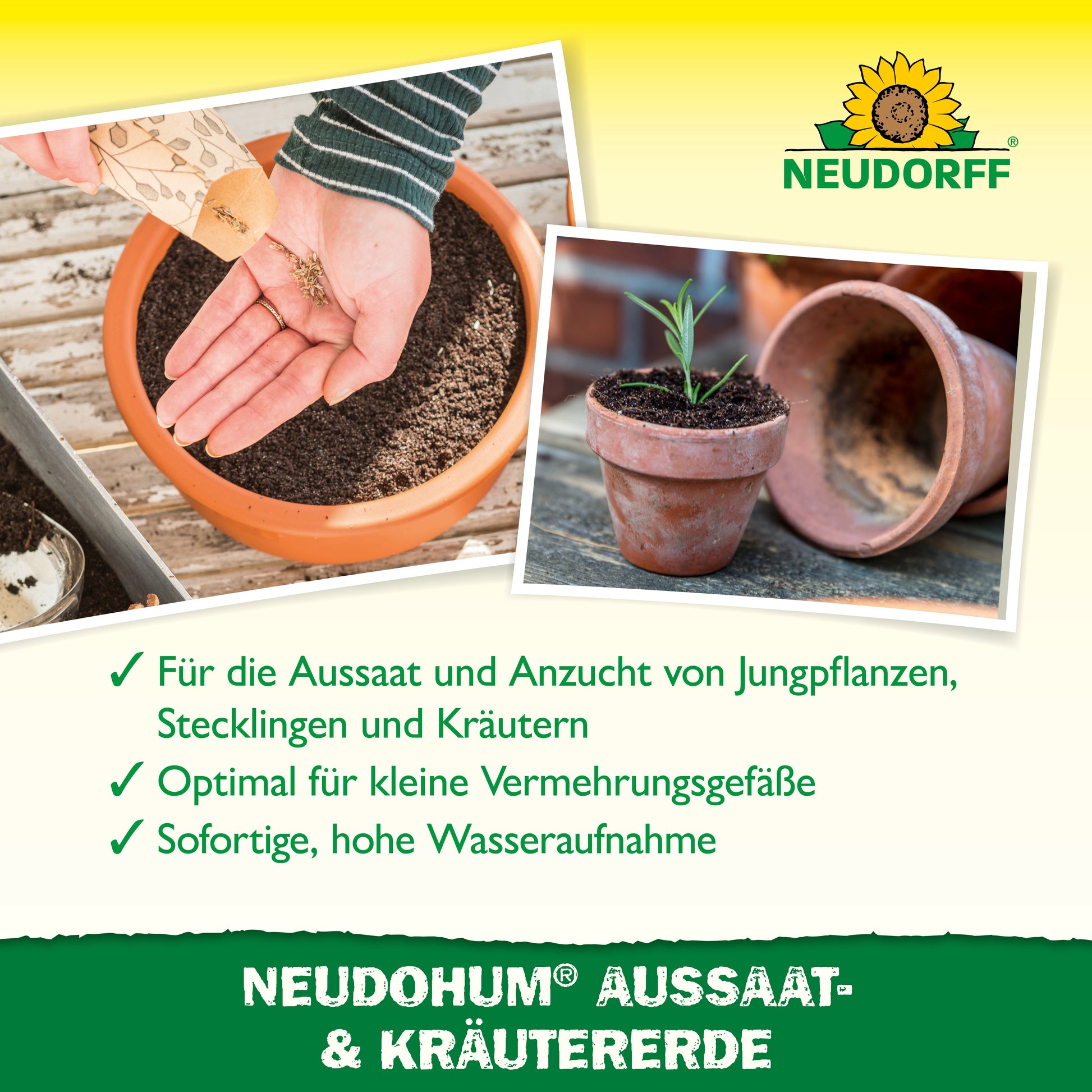 Eine Hand füllt mit einem Holzlöffel einen kleinen Terrakottatopf mit der NeudoHum Aussaat- & KräuterErde von Neudorff Shop. Unten sitzt eine sprießende Pflanze in einem anderen Topf, während ein deutscher Text beschreibt, wie diese Erde hilft, Blumen und Gemüse zu vermehren.