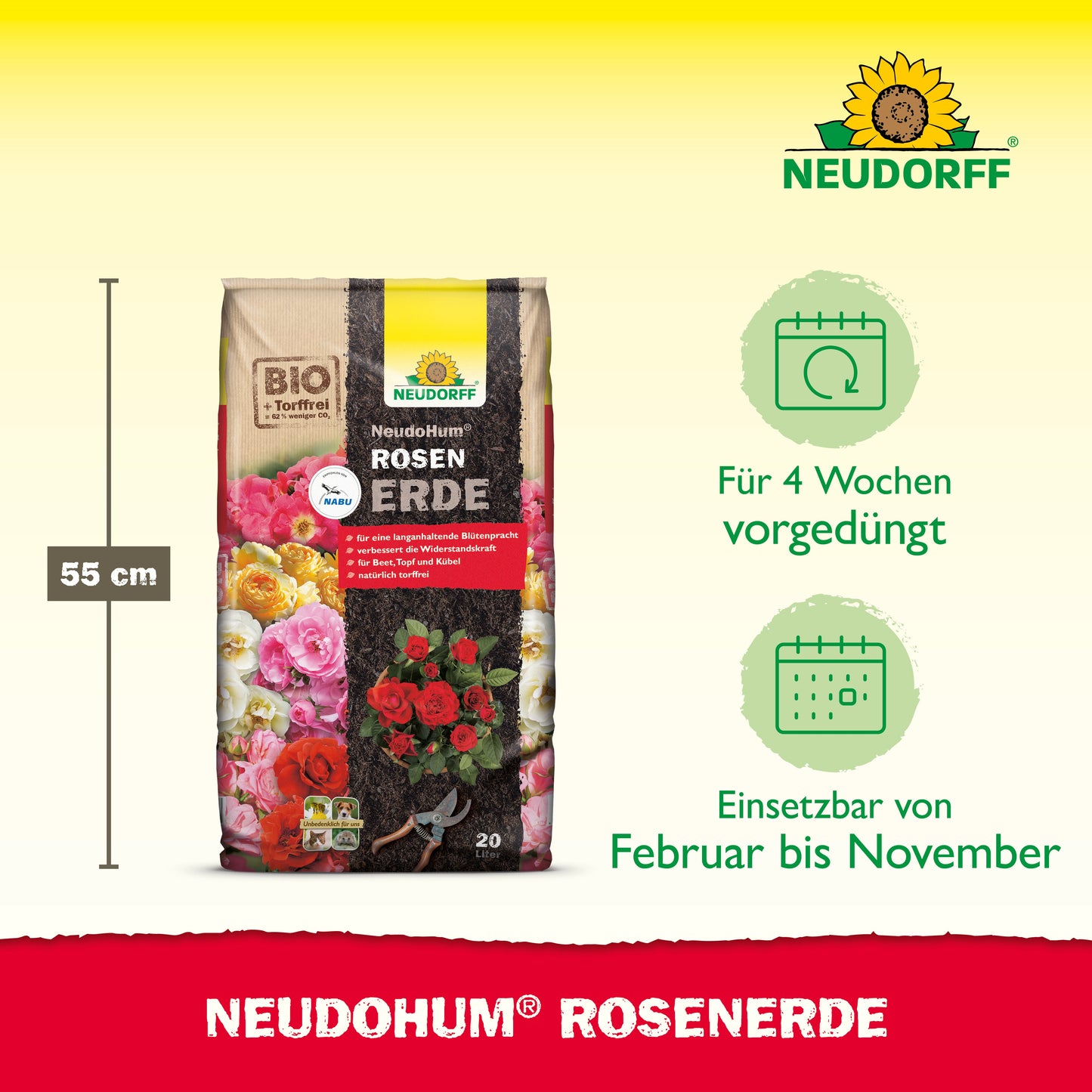 Ein 20-Liter-Sack Neudorff Shop NeudoHum RosenErde (55 cm hoch) steht aufrecht und zeigt Rosen auf der Verpackung. Piktogramme zeigen die 4-Wochen-Düngung und das optimale Rosenwachstum von Februar bis November.