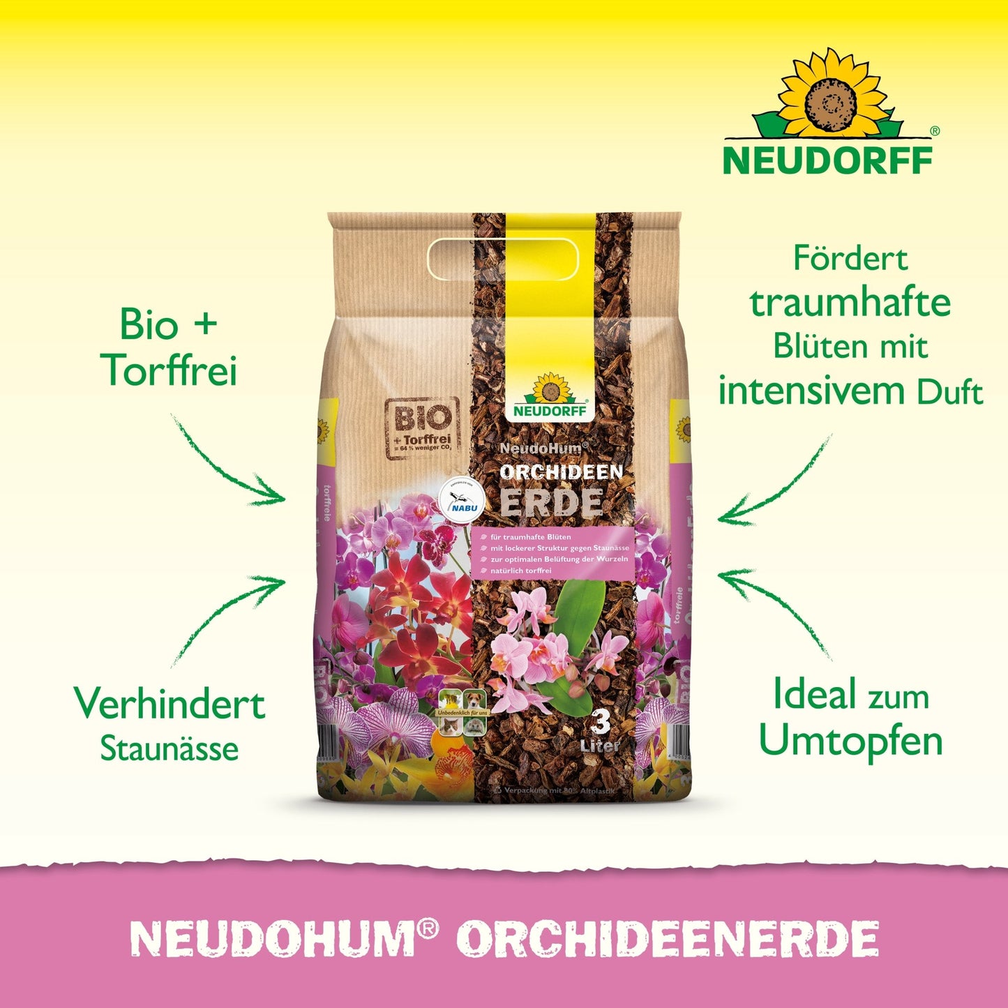 Afgebeeld is een 3-liter zak Neudorff Shop NeudoHum Orchideeëngrond. Deze turfvrije aarde is ideaal voor het verpotten van orchideeën, bevordert de bloei, voorkomt wateroverlast en garandeert eenvoudige orchideeënverzorging, zoals op de verpakking benadrukt.