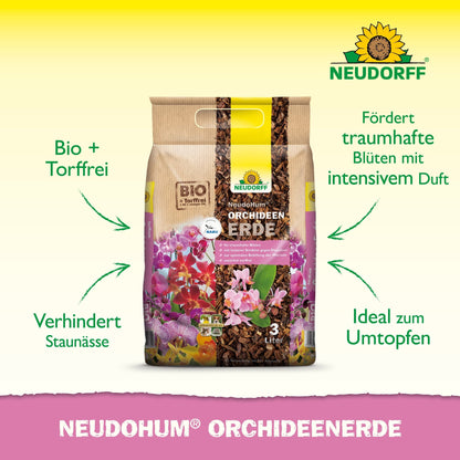Afgebeeld is een 3-liter zak Neudorff Shop NeudoHum Orchideeëngrond. Deze turfvrije aarde is ideaal voor het verpotten van orchideeën, bevordert de bloei, voorkomt wateroverlast en garandeert eenvoudige orchideeënverzorging, zoals op de verpakking benadrukt.