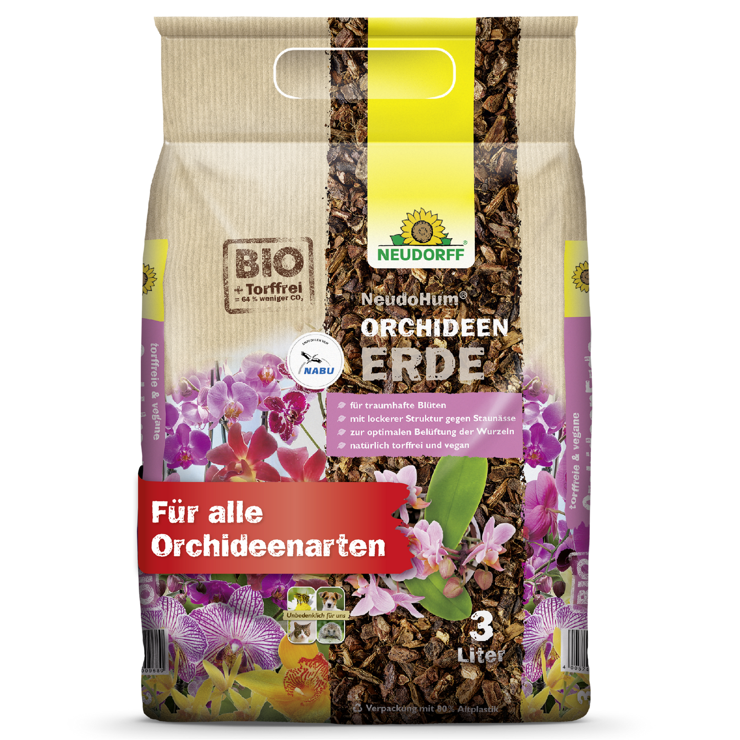Een 3-liter zak NeudoHum Orchideeëngrond van Neudorff Shop, met orchideemotieven op de verpakking. Het is geschikt voor alle orchideeën, ondersteunt een gezonde wortelgroei en maakt de verzorging van uw planten eenvoudig.