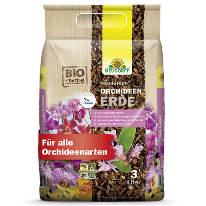 Een 3-liter zak NeudoHum Orchideeëngrond van Neudorff Shop, met orchideemotieven op de verpakking. Het is geschikt voor alle orchideeën, ondersteunt een gezonde wortelgroei en maakt de verzorging van uw planten eenvoudig.