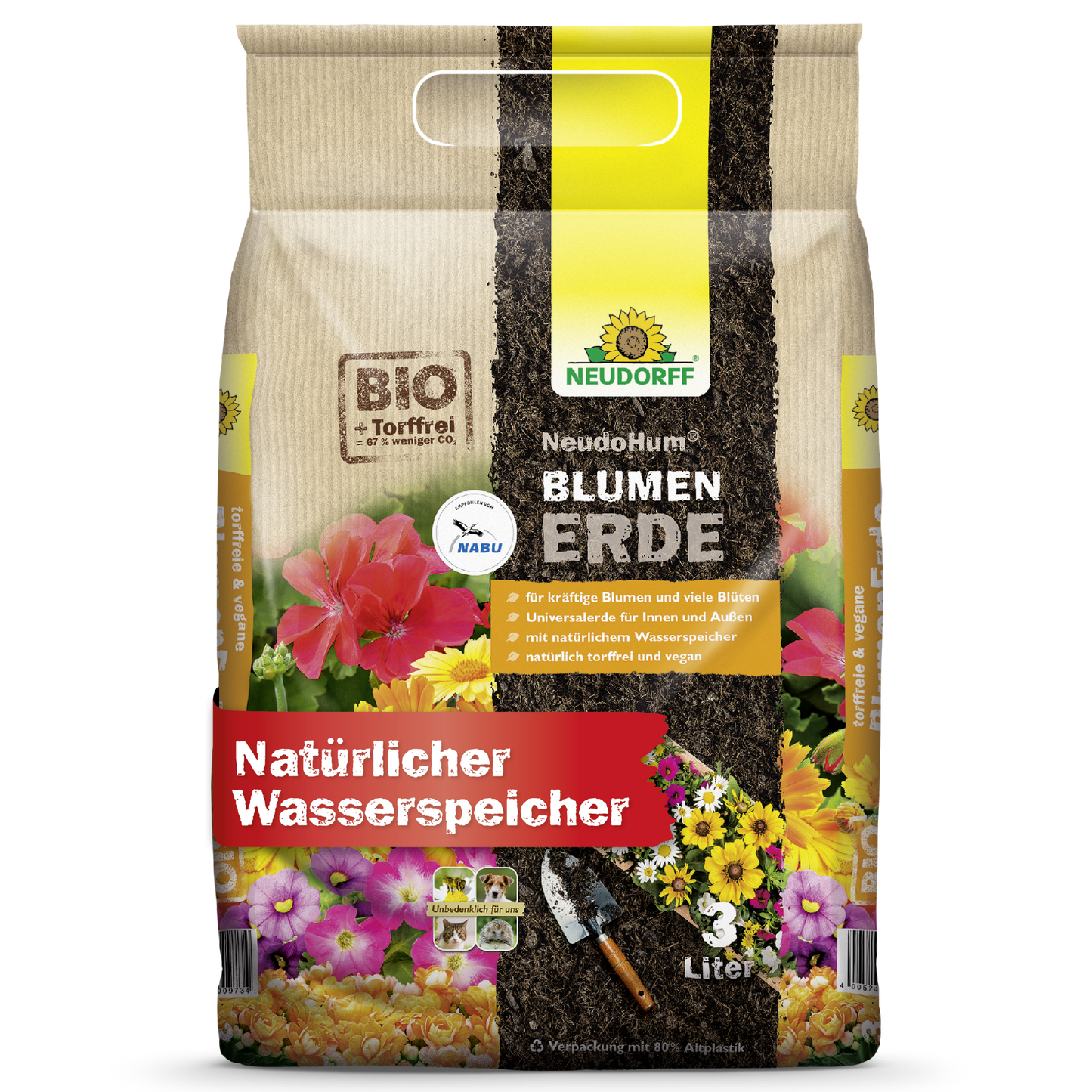 Een 3-liter zak NeudoHum BlumenErde van Neudorff Shop met bloemenafbeeldingen, schep en aarde op turfvrije bio-plantsubstraatverpakking; dient als natuurlijke wateropslag voor tuinplanten.