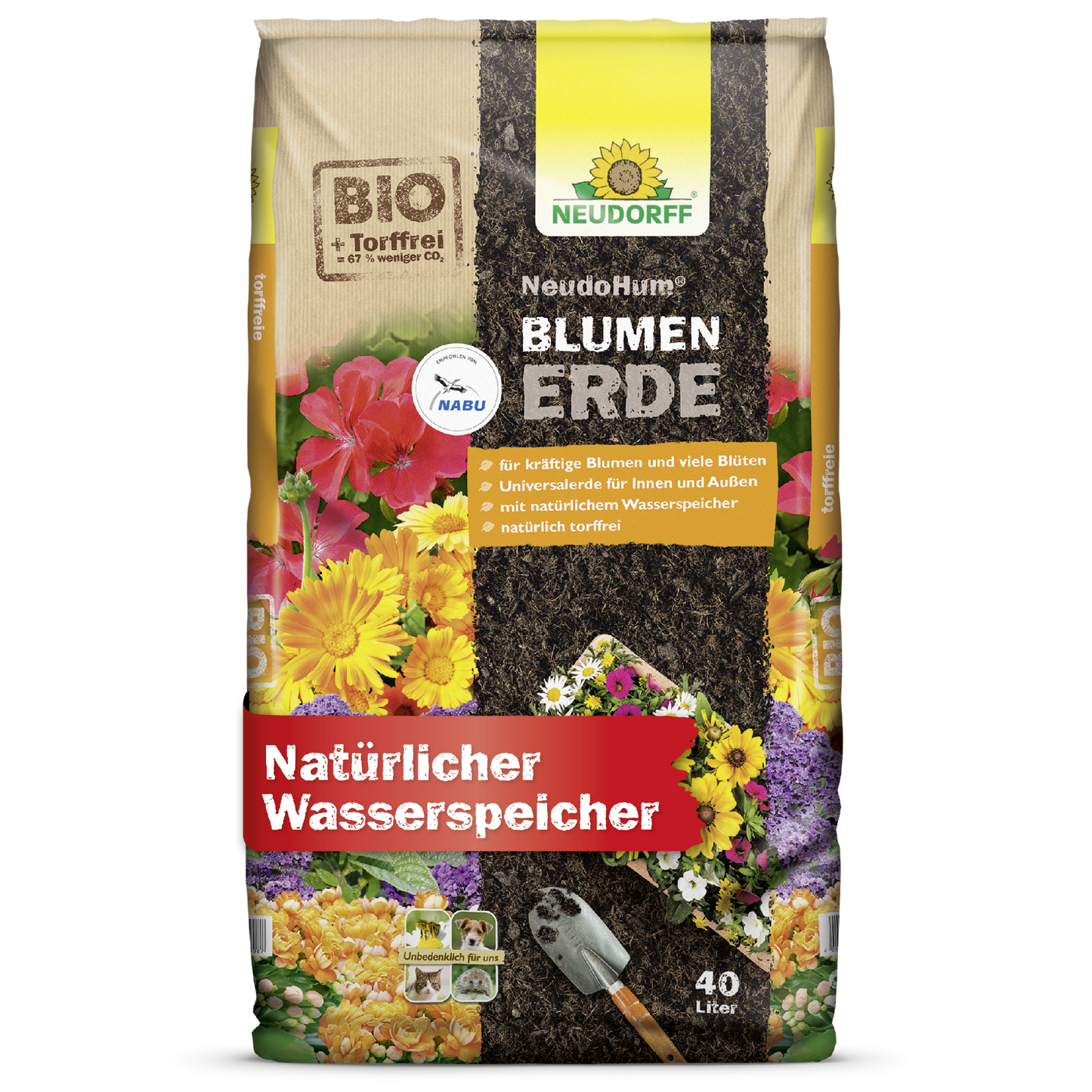 Een 40-liter zak NeudoHum BlumenErde van Neudorff Shop met bloemmotieven, een schep en etiketten die de bio-kwaliteit en de natuurlijke wateropslag benadrukken - perfect voor tuinplanten en hoogwaardig plantsubstraat.