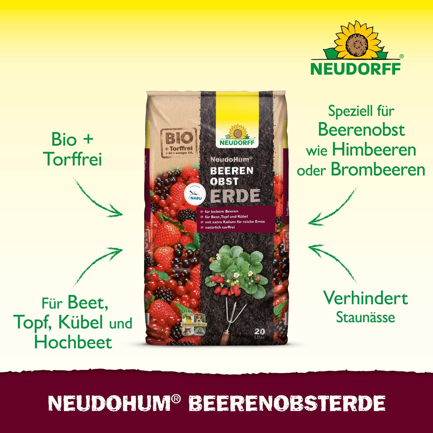 Een 20-liter zak NeudoHum BeerenobstErde van Neudorff Shop is afgebeeld met bessen en tuingereedschap. Vrij van turf en ideaal voor het kweken van bessenplanten op het balkon, in potten of tuinbedden.