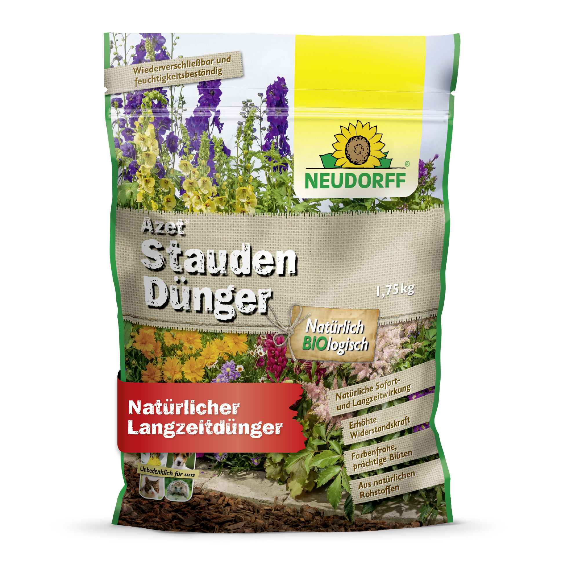 Ein 1,75-kg-Sack Neudorff Shop Azet StaudenDünger, ein organischer Dünger für Gärten und Stauden, mit bunten Blumen und Produktangaben auf der Vorderseite.