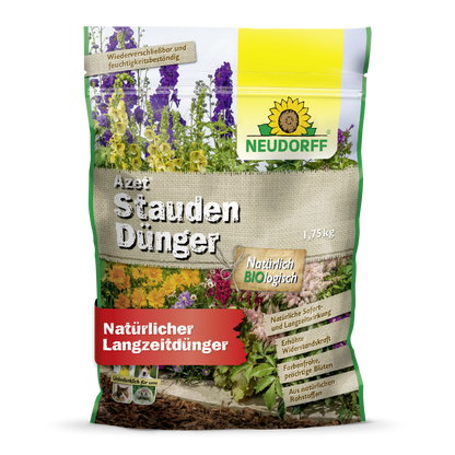 Ein 1,75-kg-Sack Neudorff Shop Azet StaudenDünger, ein organischer Dünger für Gärten und Stauden, mit bunten Blumen und Produktangaben auf der Vorderseite.