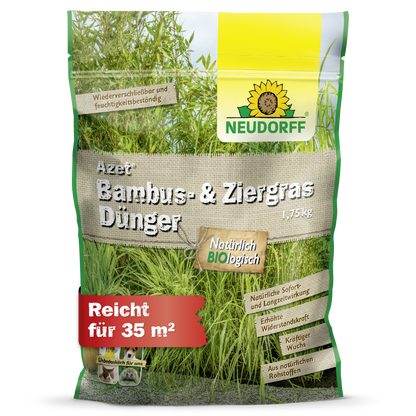 Azet Bambus- & ZiergrasDünger von Neudorff Shop: 1,75 kg für Gräser im Garten, organische Inhaltsstoffe, reicht für 35 m². Die grün-gelbe Verpackung mit Gras- und Bambusmotiv macht die Anwendung besonders einfach.