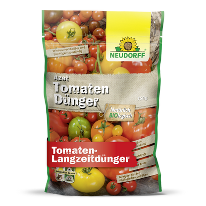 Der 750g-Beutel Azet TomatenDünger von Neudorff Shop ist mit Tomatenmotiven und einem gelben Sonnenblumen-Logo versehen. Dieser organische Volldünger liefert natürliche, langfristige Nährstoffe für reichhaltige Tomatenernten.