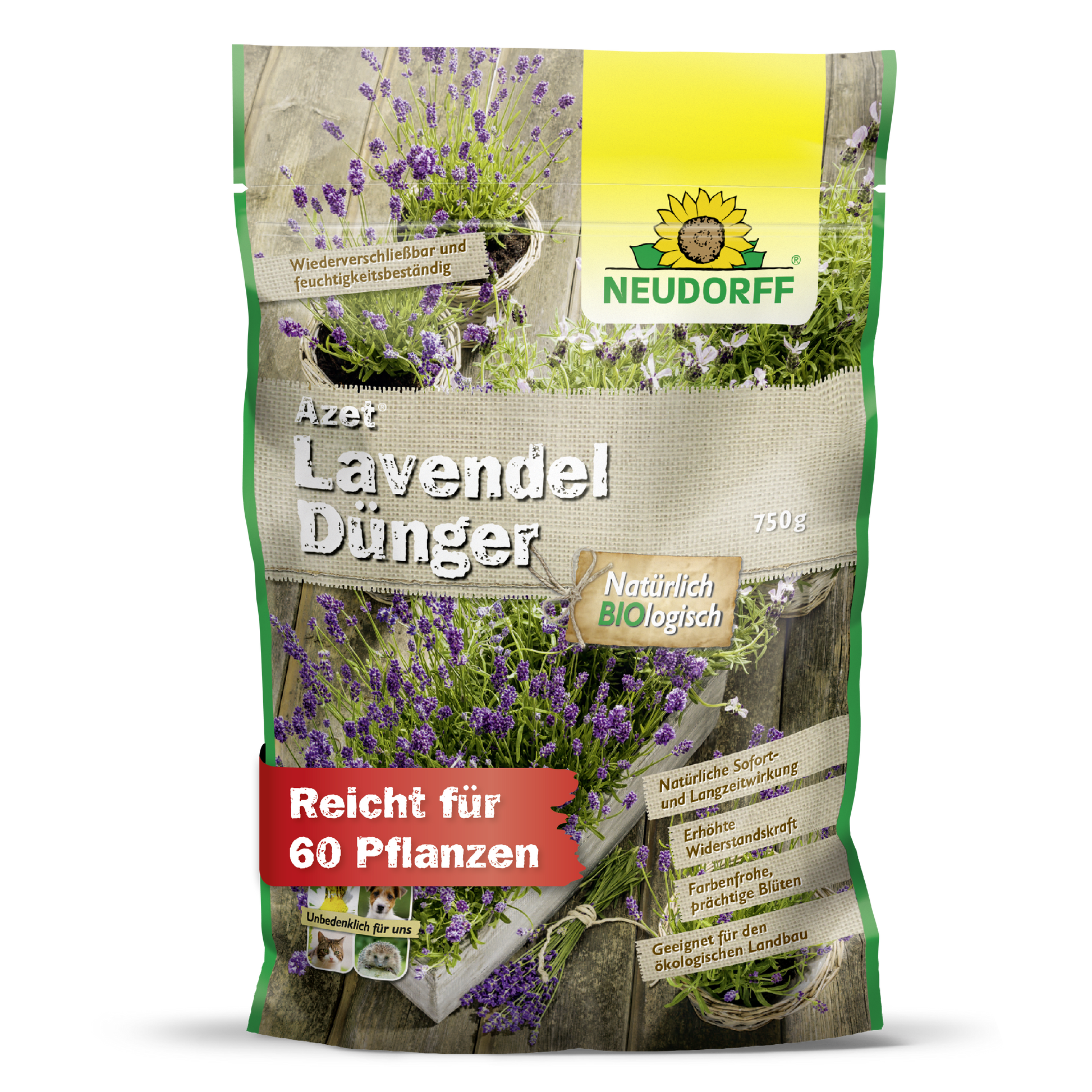 Ein 750g Beutel Neudorff Shop Azet LavendelDünger, mit Lavendel und blau-lila Blüten auf der Verpackung. Dieser organische Dünger nährt bis zu 60 Pflanzen und fördert ein robustes, trockenheitstolerantes Halbstrauchwachstum.