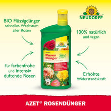 Een groene fles Neudorff Shop Azet RosenDünger vloeibaar met een gele dop staat op een witte achtergrond, waarop productdetails en rozen zijn afgebeeld. Het benadrukt de natuurlijke, veganistische en snelwerkende voordelen - ideaal voor het voeden van rozen.
