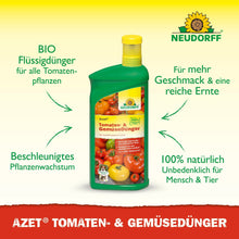 Een groene fles Neudorff Shop Azet Tomaten- & GroenteMeststof vloeibaar is afgebeeld met tomaten, paprika's en komkommers op het etiket. De Duitse tekst benadrukt organische vloeibare meststof en natuurlijke ingrediënten voor balkon groenten.