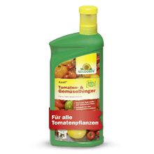 Een groene fles Neudorff Shop Azet Tomaten- & GroenteMeststof vloeibaar, een vloeibare meststof perfect voor tomaten en balkon groenten. Op het etiket staan tomaten, groenten en een rode tekst: "Voor alle tomatenplanten.