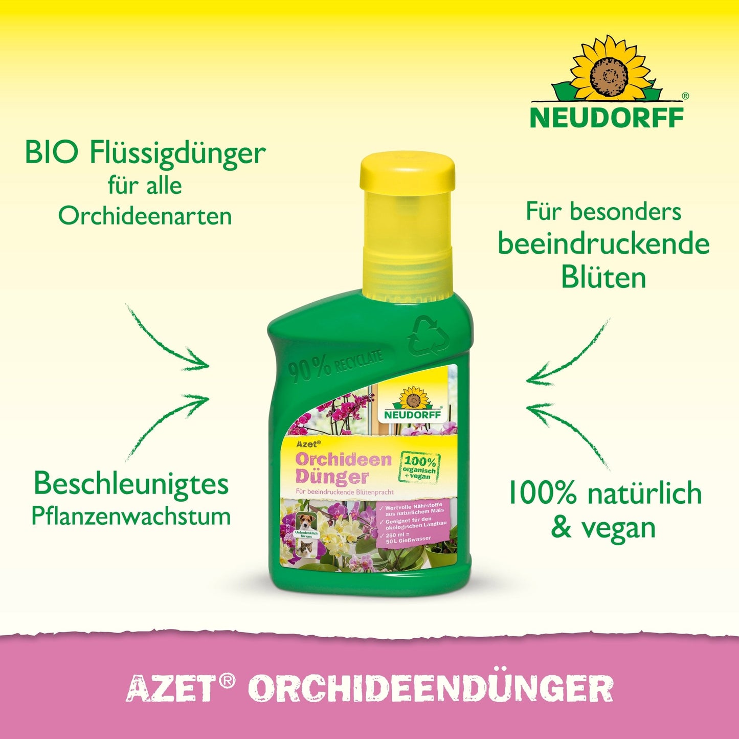 Afgebeeld is een groene fles Neudorff Shop Azet Orchideeënmest vloeibaar met een gele dop. De 100% natuurlijke, veganistische formule ondersteunt prachtige bloemen en snellere groei - ideaal voor iedereen die orchideeën wil bemesten.