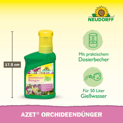 Afgebeeld is een 17,5 cm grote groene fles Neudorff Shop Azet Orchideeënmest vloeibaar met gele sluiting. De pictogrammen tonen dat het een doseerbeker heeft, 50 liter bevat en een levendige bloei ondersteunt. De etikettekst is in het Duits.