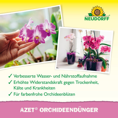 Een hand raakt een bloeiende orchidee aan, en een andere foto toont roze orchideeën in potten. De tekst promoot Azet Orchideeënmest vloeibaar voor mooie bloemen. Bovenaan is het logo van de Neudorff Shop te zien.