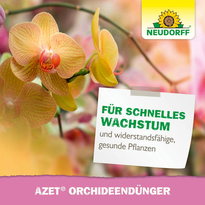 Een close-up van gele en roze orchideeën met het logo van de Neudorff Shop. De Duitse tekst promoot "Azet Orchideeënmest vloeibaar" voor adembenemende bloemen, snelle groei en sterke, gezonde planten.