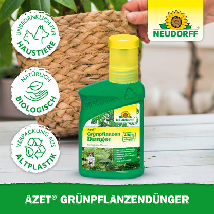 Eine grüne Flasche von Neudorff Shop Azet GrünpflanzenDünger flüssig steht auf einem Tisch neben einer Topfpflanze. Auf dem Etikett stehen Nährstoffe für Grünpflanzen, Sicherheit für Haustiere, natürliche Inhaltsstoffe und recycelte Verpackungen. Im Hintergrund ist eine Hand zu sehen.