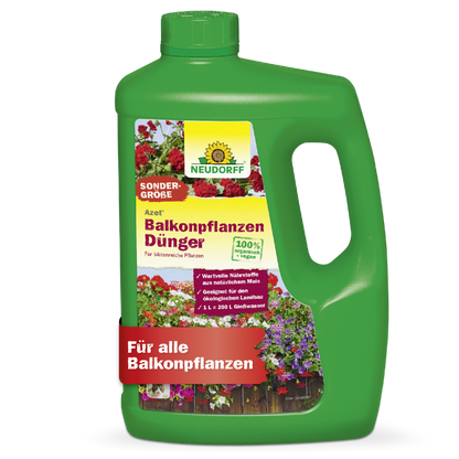 Eine grüne Plastikflasche Azet BalkonpflanzenDünger flüssig von Neudorff Shop für Balkonpflanzen und Sommerblumen, mit grüner Kappe, Tragegriff und einem bunten Etikett mit Blumen und Produktangaben.