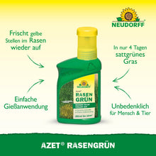 Een groene 250-ml-fles Neudorff Shop Azet RasenGrün belooft een diepgroen gazon in slechts 4 dagen, een snel herstel van gele vlekken en een veilige toepassing voor mens en huisdier.