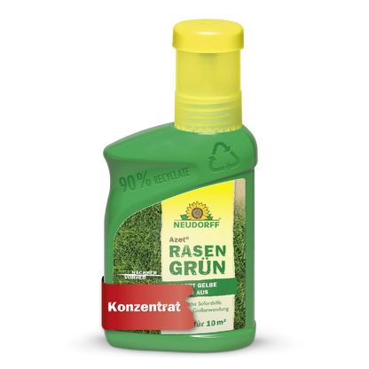 Azet RasenGrün von Neudorff Shop kommt in einer grünen Kunststoffflasche (90% recycelt), gelber Verschluss, Grasbild, und ist ein Rasenpflegekonzentrat für 10 m², das saftig grünen Rasen in nur 4 Tagen verspricht.