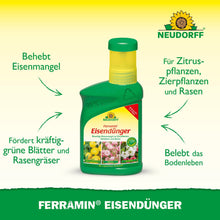 Een groene fles Neudorff Shop Ferramin IJzermeststof staat rechtop, met een tekst die de voordelen benadrukt: correctie van ijzer- en stikstofgebrek, bevordering van weelderig groen gazon en bladeren en revitalisering van de bodem voor verschillende planten.