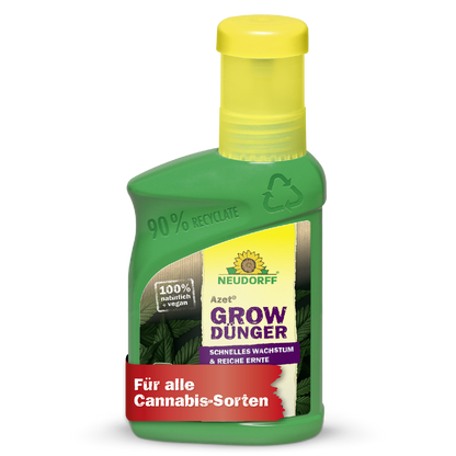 Eine grüne Plastikflasche Neudorff Shop Azet GrowDünger mit einer gelben Kappe; auf dem Etikett steht, dass er zu 90% recycelt, vegan, 100% natürlich und perfekt für den Cannabisanbau und alle Cannabissorten ist.