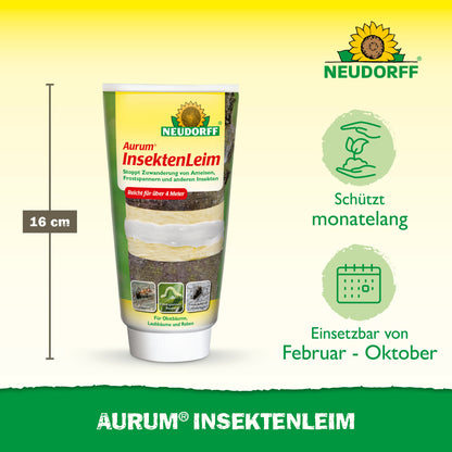 Abgebildet ist eine 16-cm-Tube Neudorff Shop Aurum InsektenLeim. Die Verpackung hebt den lang anhaltenden Schutz von Obstbäumen vor Schädlingen wie Frostspanner und Ameisen hervor, der von Februar bis Oktober angewendet werden kann, wobei grüne Symbole die Wirksamkeit anzeigen.