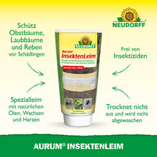 Een tube Aurum InsektenLeim van Neudorff Shop staat rechtop en draagt een Duitse tekst voor de bescherming van fruitbomen tegen mieren en wintervlindervrouwtjes. Op de groen-gele achtergrond is bovenaan het Neudorff-logo te zien.