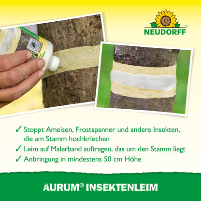 Eine Person bringt Aurum InsektenLeim von Neudorff Shop in einem Band um einen Baumstamm an und umwickelt ihn mit Klebeband, um Obstbäume vor Frostspannerweibchen und Ameisen zu schützen. Das Bild zeigt einen deutschen Text und das Neudorff-Logo am oberen Rand.