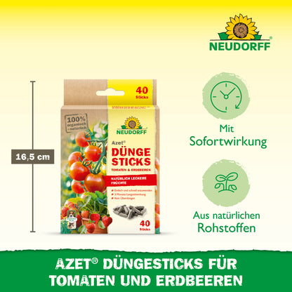 Die Verpackung der Azet Düngesticks für Tomaten & Erdbeeren von Neudorff Shop (Box mit 40 Sticks, 16,5 cm hoch) hebt schnelle Wirkung und natürliche Inhaltsstoffe hervor. Grünes und gelbes Design mit Produktdetails.