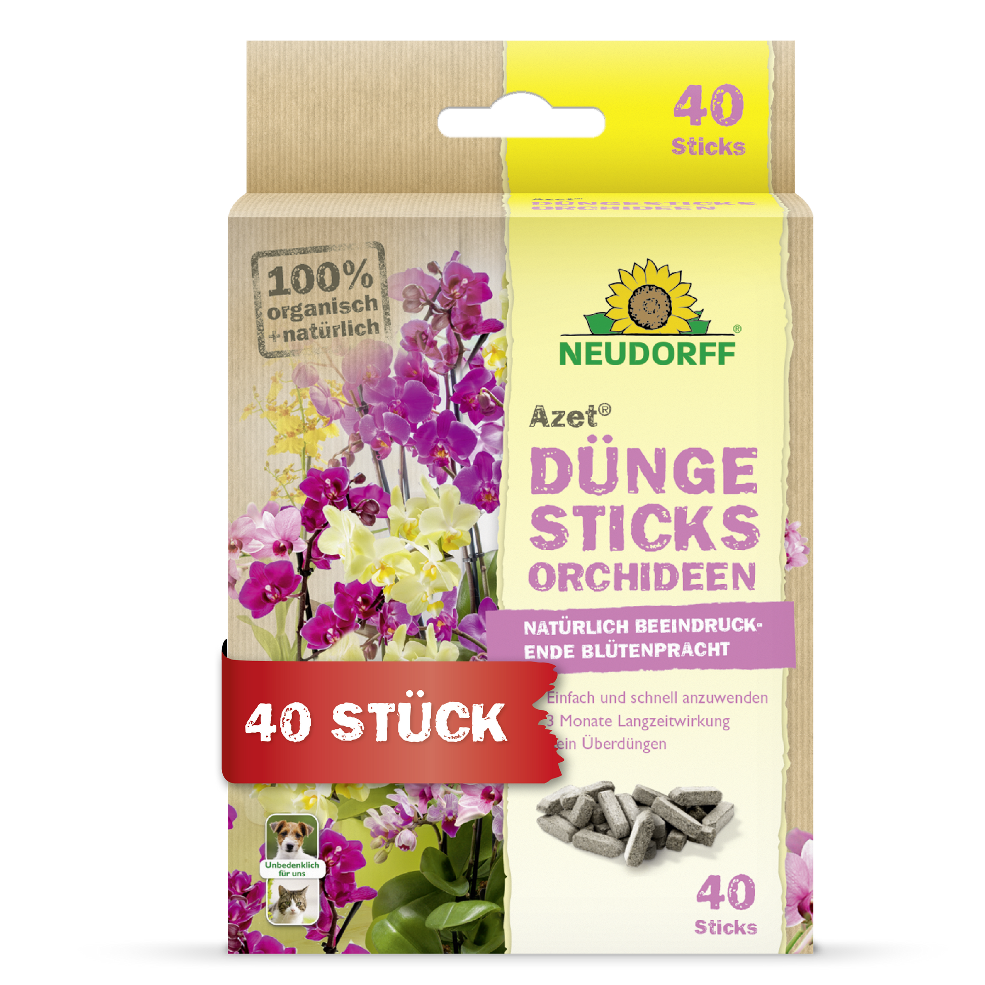 Eine Schachtel Azet Düngesticks für Orchideen von Neudorff Shop, die als 100% biologisch gekennzeichnet ist, enthält 40 Sticks, ist mit deutschem Text versehen, zeigt exotische Blüten und das gelbe Neudorff-Sonnenblumenlogo.
