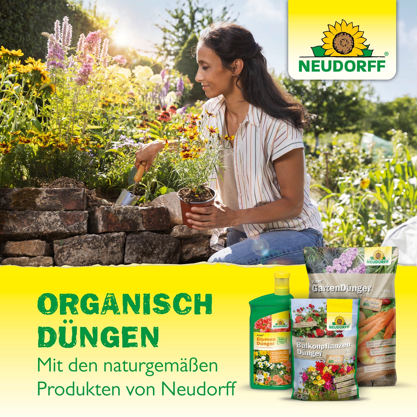 Eine Frau kniet in einem Garten und pflanzt Blumen an einer Steinmauer. Unten sind Neudorff Shop Azet Düngesticks für Blühpflanzen und andere Produkte mit einem deutschen Text abgebildet, der für den ökologischen Gartenbau für gesunde Pflanzen wirbt.