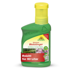 Eine grüne Kunststoffflasche von Neudorff Shop Balsamol Blattdünger mit gelbem Verschluss; geeignet für 80 L, ideal für Nadelgehölze und Immergrüne, und hergestellt aus 90% recyceltem Kunststoff.