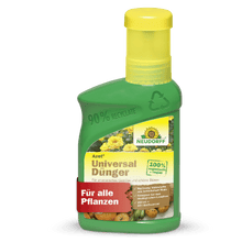 Op een groene plastic fles van Neudorff Shop Azet UniversalDünger vloeibaar met gele dop, waarop "Voor alle planten" en "100% organisch vegan" staat, zijn groenten en bloemen afgebeeld, wat de uitgebalanceerde voedingsstoffenverhouding benadrukt.