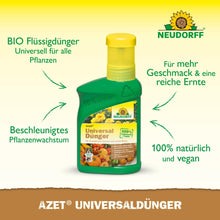 Afgebeeld is een groen-gele fles Azet UniversalDünger vloeibaar van Neudorff Shop met een Duitse tekst die de biologische, veganistische formule voor snellere plantengroei en uitgebalanceerde voedingsstoffen voor rijkere oogsten benadrukt.