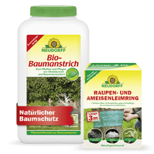 Het Neudorff Shop boom beschermingsset wordt gekenmerkt door de karakteristieke groen-gele branding. Zowel op de biologische boomverf-fles als op de rups- en mierenlijmband-doos bevinden zich boommotieven, die met een groene tape ter bescherming van de bomen zijn voorzien.
