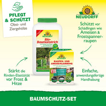 De productafbeelding toont het boom beschermingsset van Neudorff Shop, bestaande uit biologische boomverf en lijmband. De tekst benadrukt voordelen zoals ongediertebestrijding, verbeterde schorselasticiteit en betrouwbare bescherming voor planten.